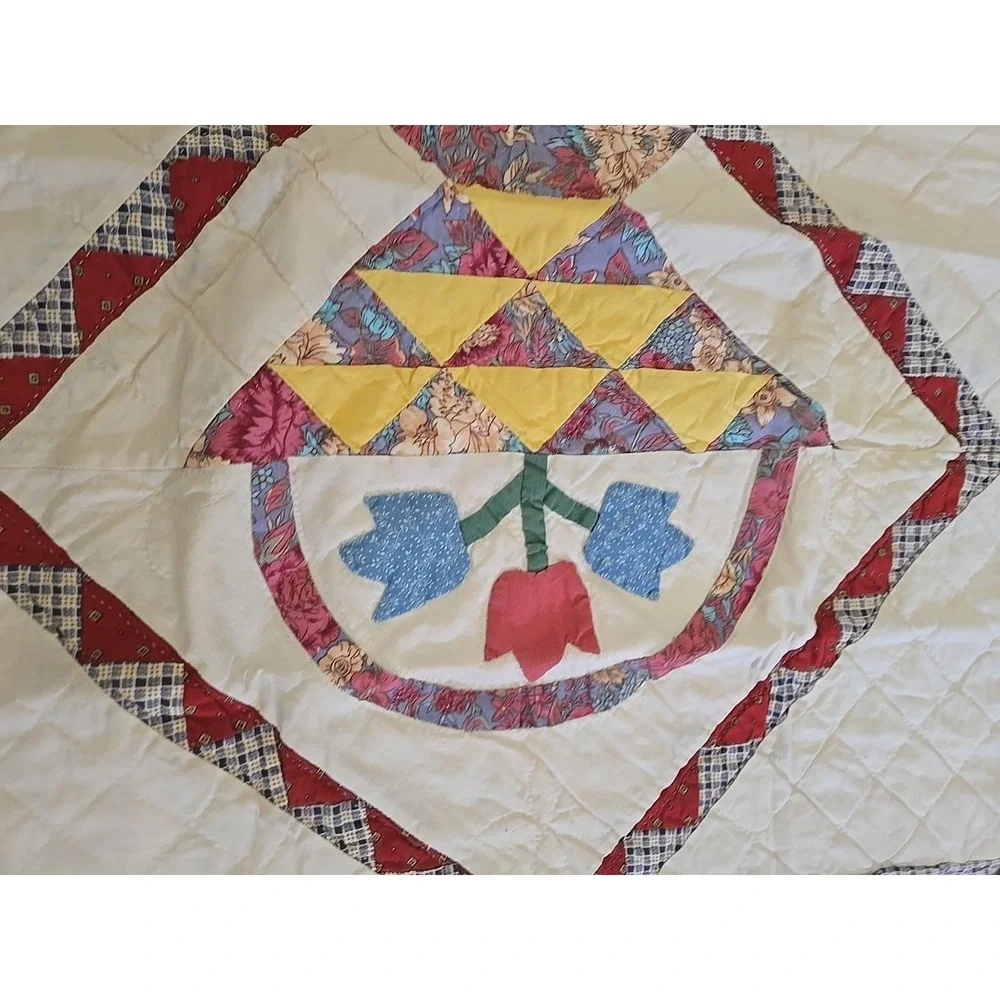Vtg Grannycore Cottagecore Flower Basket Quilt Handmade Stiched 88